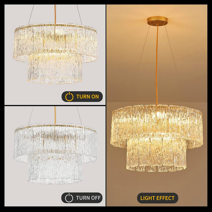 20" Gold Crystal Chandelier, 6-Light Glass Drum Light Fixture5