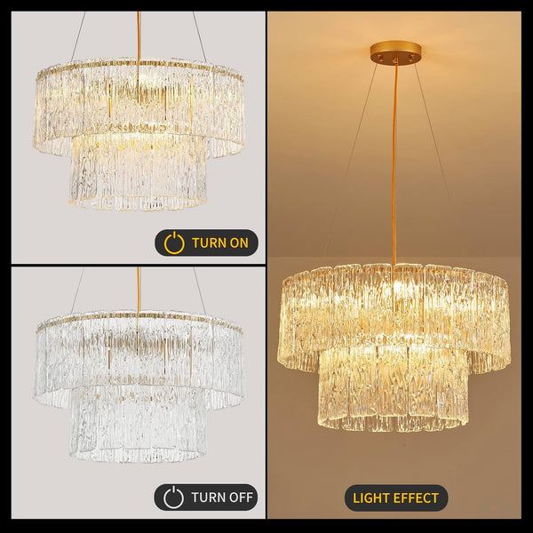 20" Gold Crystal Chandelier, 6-Light Glass Drum Light Fixture5