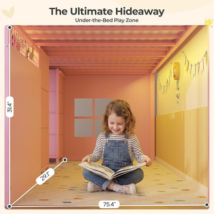 Kids Low Loft Bed Twin Size with Desk and 7 Storage Drawers, Pink6