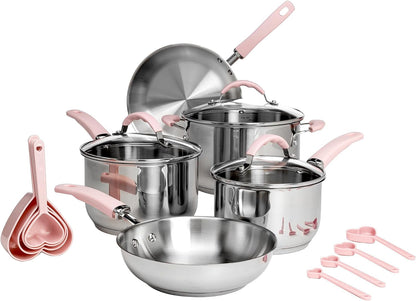 Stainless Steel Pots and Pans Set with Stay-Cool Pink Handles, Tempered Glass Lids, Bonus Heart Shaped Measuring Cups and Spoons, Dishwasher Safe Cookware, 10-Piece Set1