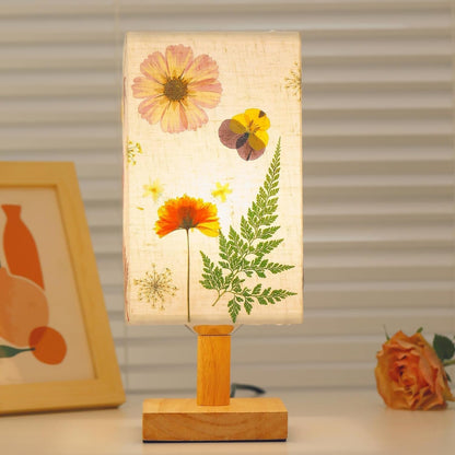 Dried Flowers Table Lamp 5W LED 3Color Temperatures Pressed Flower Bedside Lamp Square Linen Shade with Wood Base for Bedroom Living Room9