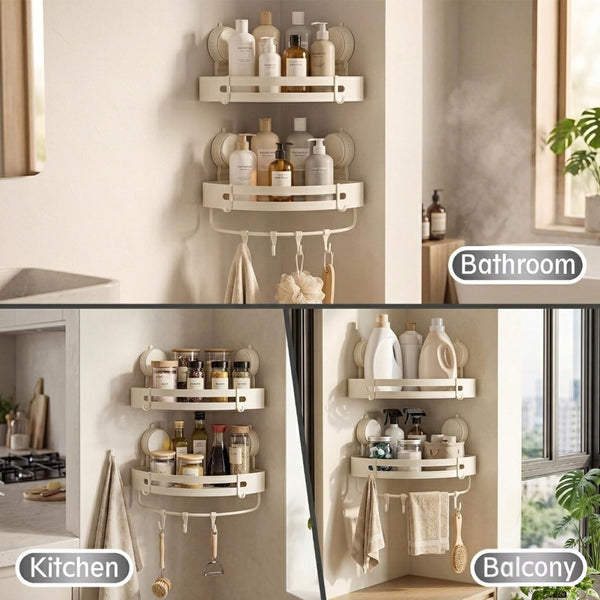 Suction Cup Shower Caddy(2-Pack Cream White),Single 1.77 Inches High No-Drilling Aluminum Bathroom Organizer with Towel Bar & Hooks,Moder Wall Shower Shelf and Storage Decor6