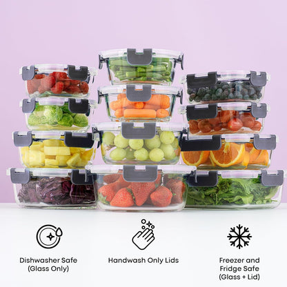 24Pc Borosilicate Glass Storage Containers with Lids | 12 Airtight/Freezer Safe Food Storage Containers for Pantry and Kitchen | Meal Prep Container for Lunch | Glass Tupperware Set6