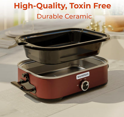 [NEW] MAGNIFIQUE 4-Quart Slow Cooker with Casserole Manual Warm Setting - Perfect Kitchen Small Appliance for Family Dinners, Dishwasher Safe Crock, Red5