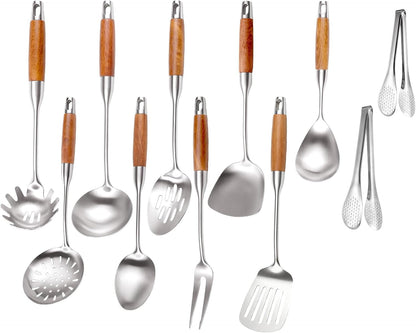 18/10 Stainless Steel Cooking Utensils Set Wooden Handle, 14" Metal Kitchen Utensil & Wok Tools, 11Pcs Cooking Spoon Set with Tongs1