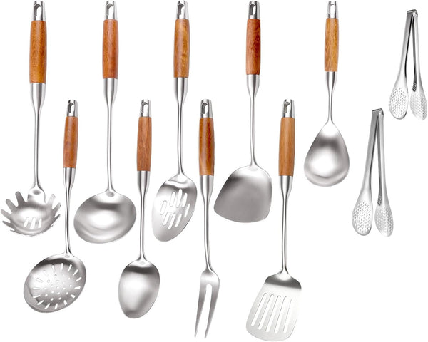 18/10 Stainless Steel Cooking Utensils Set Wooden Handle, 14" Metal Kitchen Utensil & Wok Tools, 11Pcs Cooking Spoon Set with Tongs1