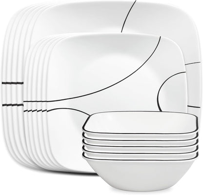 18-Piece Service for 6 Dinnerware Set Triple Layer Glass and Chip Resistant, Lightweight Square Plates and Bowls Set, Simple Lines1