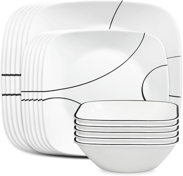 18-Piece Service for 6 Dinnerware Set Triple Layer Glass and Chip Resistant, Lightweight Square Plates and Bowls Set, Simple Lines1