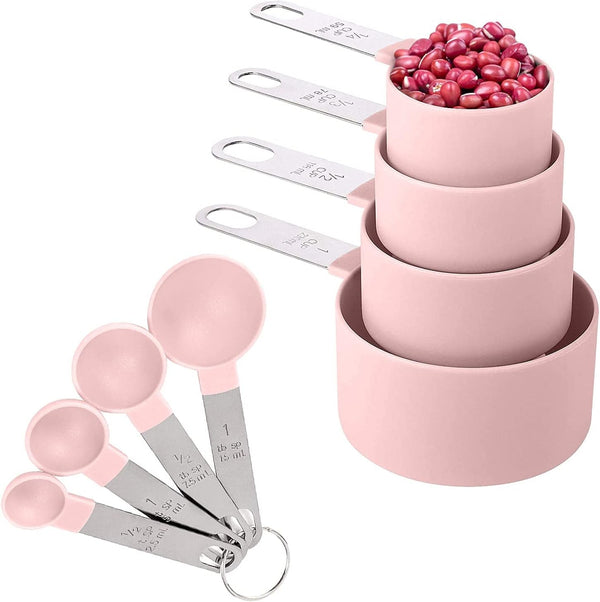 8 Pieces Measuring Cups and Spoons Set / Nesting Measuring Cups with Stainless Steel Handle / for Dry and Liquid Ingredient (Light Pink)1