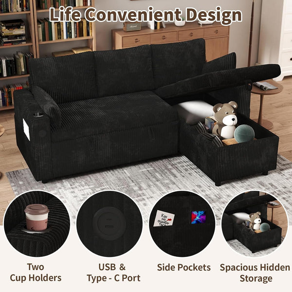 3 in 1 Pull Out Couch, Corduroy L Shaped Couch Sleeper Sofa Bed, Black6