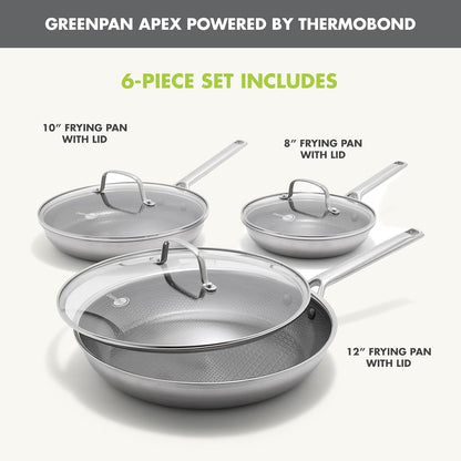Hybrid 6 Piece (8",10" & 12") Stainless Steel Skillets with Lids | APEX Tri-Ply Frying Pans, Pfas-Free Nonstick, Induction & All Cooktop Compatible, Dishwasher & Oven Safe to 850F, Silver5