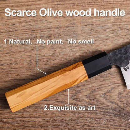 9 Inch Japanese Kiritsuke Chef Knife, Hand Forged High Carbon Steel Gyuto Kitchen Knife for Meat Fish Vegetables, Professional Cooking Knife with Olive Wood Octagonal Handle & Gift Box5