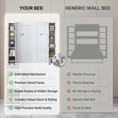 Queen Murphy Bed with 3 Doors Wardrobe Closet, Wood Wall Bed for Guest Room and Home Office, White Folding Lifting Bed W7