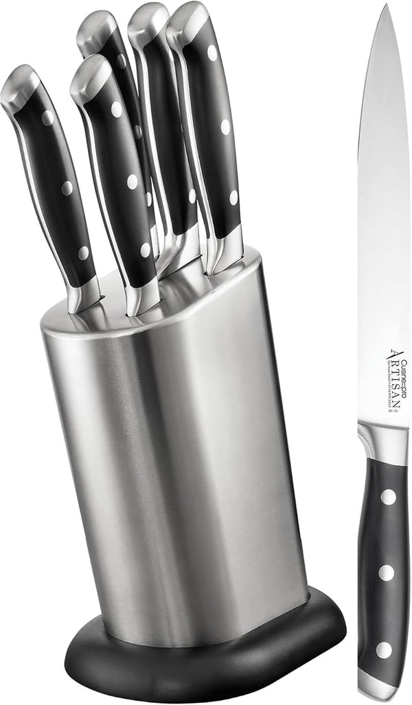 Artisan Stahl Knife Block Set, 6 Piece - German Stainless Steel Kitchen Knives, Full Tang Triple Riveted1