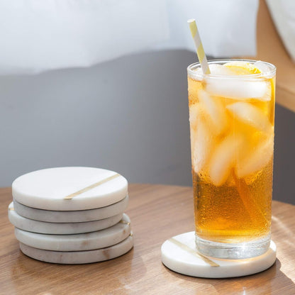 Marble Coasters with Gold Brass Inlay, White, Set of 6 | Real Natural Semi Absorbent Stone, Modern Luxury Decor for Coffee Table, Office Desk or Bar Cart5