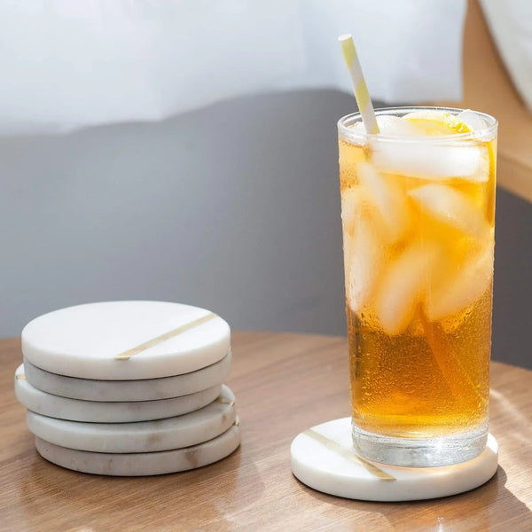 Marble Coasters with Gold Brass Inlay, White, Set of 6 | Real Natural Semi Absorbent Stone, Modern Luxury Decor for Coffee Table, Office Desk or Bar Cart5