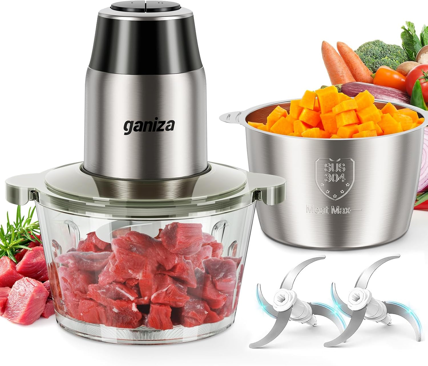 food-processors-with-2-bowls-450w-meat-grinder-vegetable-chopper-2-speed-electric-food-chopper-with-8-cup-glass-8-cup-stainless-steel-bowls-includes-2-sets-of-blades-for-fruits-meat-nuts