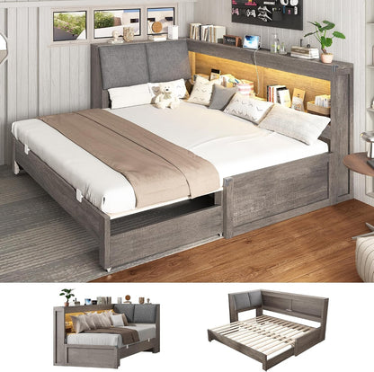 Twin Daybed with Wood Trundle and Storage Bookcase Headboard, Gray1