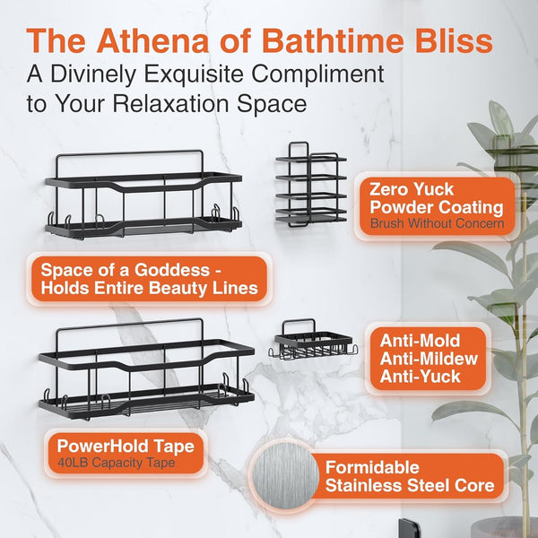 Shower Caddy Bathroom Shelves, the Athena Silken 4 Set, 40LB Capacity, Adhesive Tape No Drill - Rustproof -Gorgeous Powder Coated 304 Stainless Steel Shower Organizer for Kitchen & Home Decor - Black4
