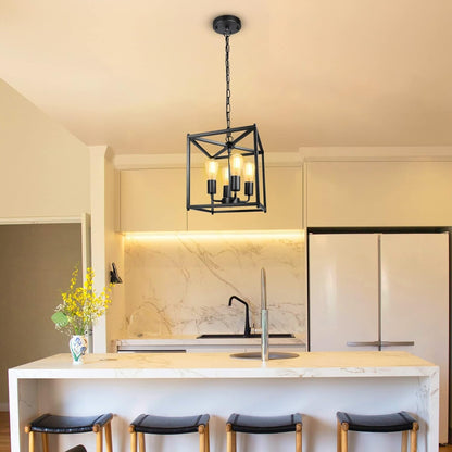 4-Light Black Farmhouse Chandelier, Iron Lantern Pendant Light Rustic Cage Adjustable Height, E26 Base Industrial Hanging Lights for Kitchen Island Dining Room Hallway Foyer Entryway6
