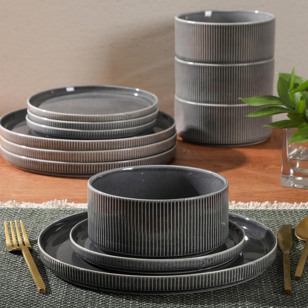 Solana Coast 12 Piece Stoneware Reactive Glaze (Service for 4) Ceramic Plates and Bowls Modern Shape Embossed Dinnerware Set - Black6