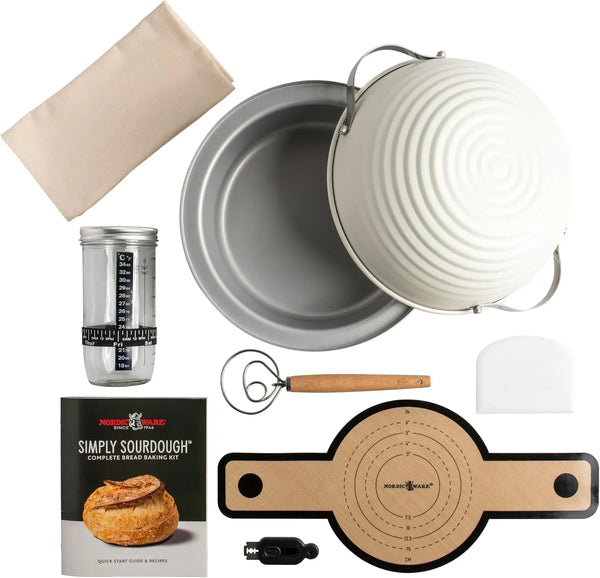 Simply Sourdough™ Complete Bread Baking Kit BAKING PAN INCLUDED, Dual Use Banneton Lid, 22Pg Guide Book W/Recipes, Danish Whisk, Starter Jar, Cutter, Lifting Mat, Scraper, Cotton Liner7