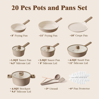 Ceramic Pots and Pans Set Nonstick, 20Pcs Cookware Set, Taupe | Non Stick Ceramic Coating, Non-Toxic Healthy Kitchen Cooking Set, Induction Compatible, Dishwasher Safe, PFAS/PTFE/PFOA Free2