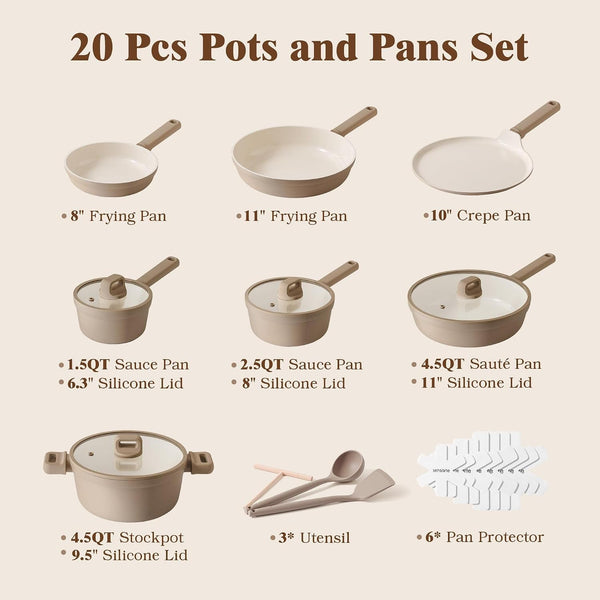Ceramic Pots and Pans Set Nonstick, 20Pcs Cookware Set, Taupe | Non Stick Ceramic Coating, Non-Toxic Healthy Kitchen Cooking Set, Induction Compatible, Dishwasher Safe, PFAS/PTFE/PFOA Free2