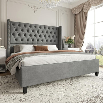 Queen Size Bed Frame Velvet Upholstered Platform Bed with 51.6" Tall Wingback Headboard Deep Button Tufted, No Box Spring Needed, Light Grey1