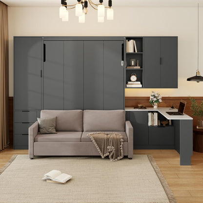 Queen Size Foldable Murphy Bed with Sofa and Desk, Wall Cabinet Bed with Hydraulic Storage, Shelves & Drawers, LED/USB Lighting, Dark Gray Panel, Beige Sofa1