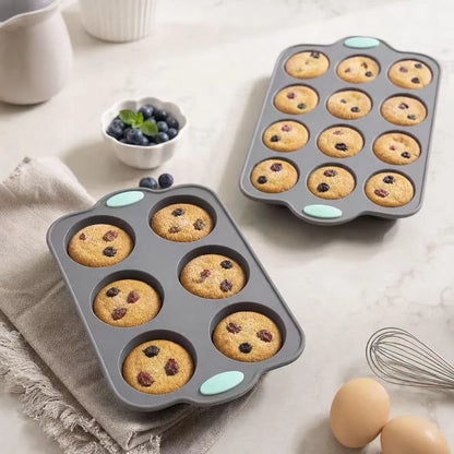 Gray Green Silicone Bakeware Set of 3, round Flower Pan 6 & 12 Cavity Pastry Trays for Household Baking4