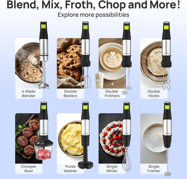 10-In-1 Immersion Hand Blender Max 1100W, Trigger Speed Control | Entire Stainless Steel Blender Shaft, 800Ml Beaker, 600Ml Chopper, Beaters, Frothers, Hooks, Masher, Whisk & 600Ml Cup4