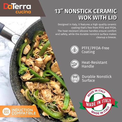 '- Nonstick Ceramic Wok with Lid - Oven & Induction Safe, 13" | Italian Crafted Cookware, PTFE, PFOA Free, Tempered Glass Lid, Oven Safe up to 450°F, Even Heat Distribution, Easy Cleanup7