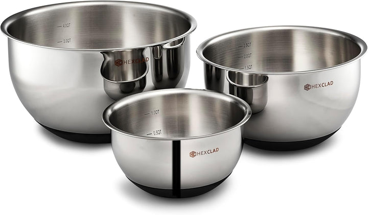 Hexclad 3 Piece Stainless Steel Mixing Bowl Set with Vacuum Seal Lids+2
