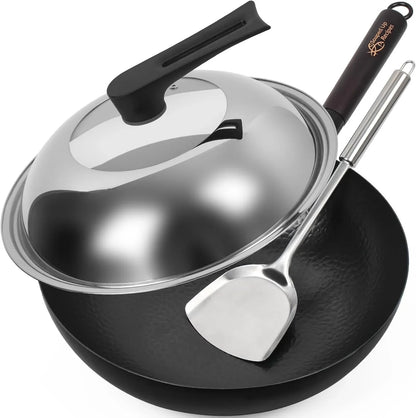 12.5 Inch Carbon Steel Wok for Electric, Induction and Gas Stoves (Lid, Spatula and User Guide Video Included)1