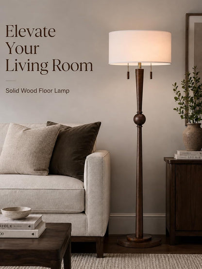 Solid Wood Floor Lamp for Living Room,Pull Chains Standing Lamp | 62.8" Tall,17" White Drum Shade,Sculptural Wood Base & Stem,2-Light Design,Standing Lamp for Bedroom,2 Bulbs Included6