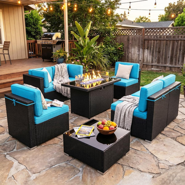 8 Pieces Patio Furniture Set with 44" Propane Gas Fire Pit Table, Outdoor Sectional Wicker Conversation Sofa Sets with Coffee Table1