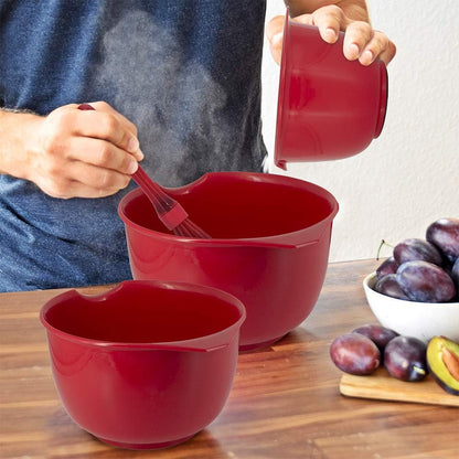 Mixing Bowls with Pour Spout, Set of 3 | Nesting Design Saves Space | Non-Slip, BPA Free, Dishwasher Safe Plastic | Kitchen Cooking and Baking Supplies, Red7