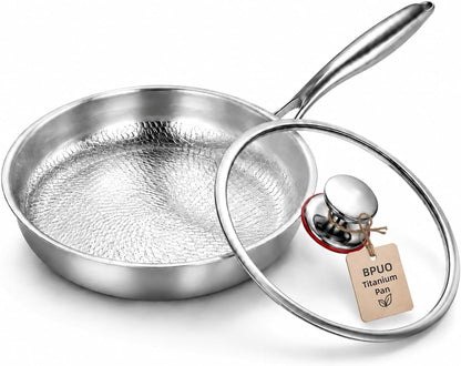 8 in Titanium Pro Pan for Cooking, Titanium Frying Pan with Lid, Uncoated Hammered Cookware Pans, Scratch-Resistant & Even Heating, for Gas, Induction Compatible Oven (8In)1