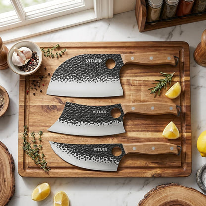 3PCS Butcher Knife Set, Hand Forged 7" Butcher Meat Cleaver, 7" Serbian Chef and 6.5" Viking Knife, Great for Indoor & Outdoor (Stylish Pattern Design)7