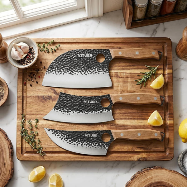 3PCS Butcher Knife Set, Hand Forged 7" Butcher Meat Cleaver, 7" Serbian Chef and 6.5" Viking Knife, Great for Indoor & Outdoor (Stylish Pattern Design)7