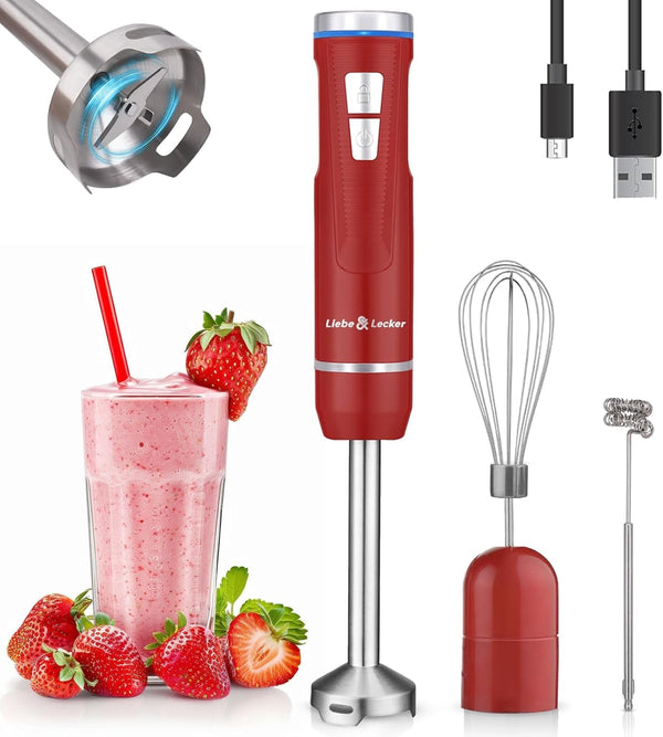 Cordless Immersion Blender, 3-In-1 Handheld Stick Blender | Rechargeable Electric Mixer Set with Whisk & Milk Frother, 8-Speed Hand Blender for Shakes, Soups, Coffee, Zero BPA (Red)1