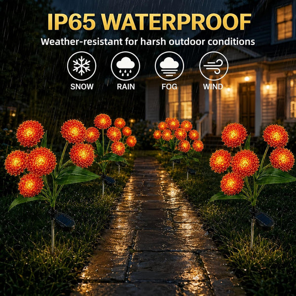 Solar Flower Lights Outdoor, 2 Pack 12 LED Solar Garden Lights, Orange Red Spherical Floral Decorative Lights for Fall, Halloween, Thanksgiving, Patio, Yard, Pathway and Lawn Decorations6