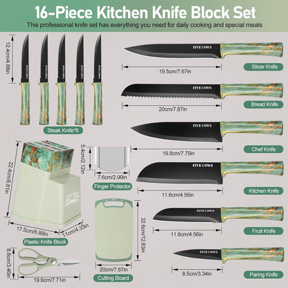 16-Piece Kitchen Knife Block Set with Cutting Board - German Stainless Steel Knives, Built-In Sharpener, Dishwasher Safe, Anti-Slip Handle - All-In-One Cutlery Set for Home/Kitchen (Cyan)2