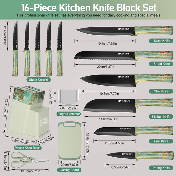16-Piece Kitchen Knife Block Set with Cutting Board - German Stainless Steel Knives, Built-In Sharpener, Dishwasher Safe, Anti-Slip Handle - All-In-One Cutlery Set for Home/Kitchen (Cyan)2