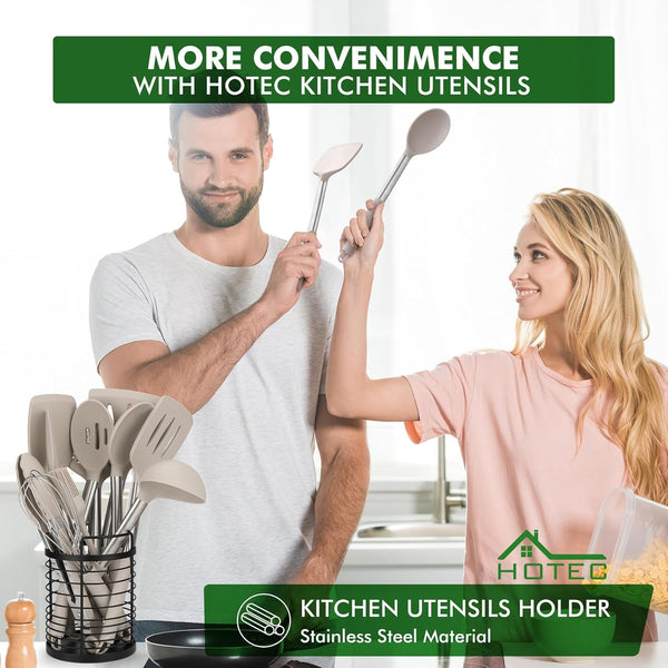 446°F Heat Resistant Silicone Kitchen Utensils, Cooking Utensil Set, Spatula Set, BPA Free, Kitchen Gadgets, with Stainless Steel Utensils Holder, Dishwasher Safe 14Pcs Khaki2