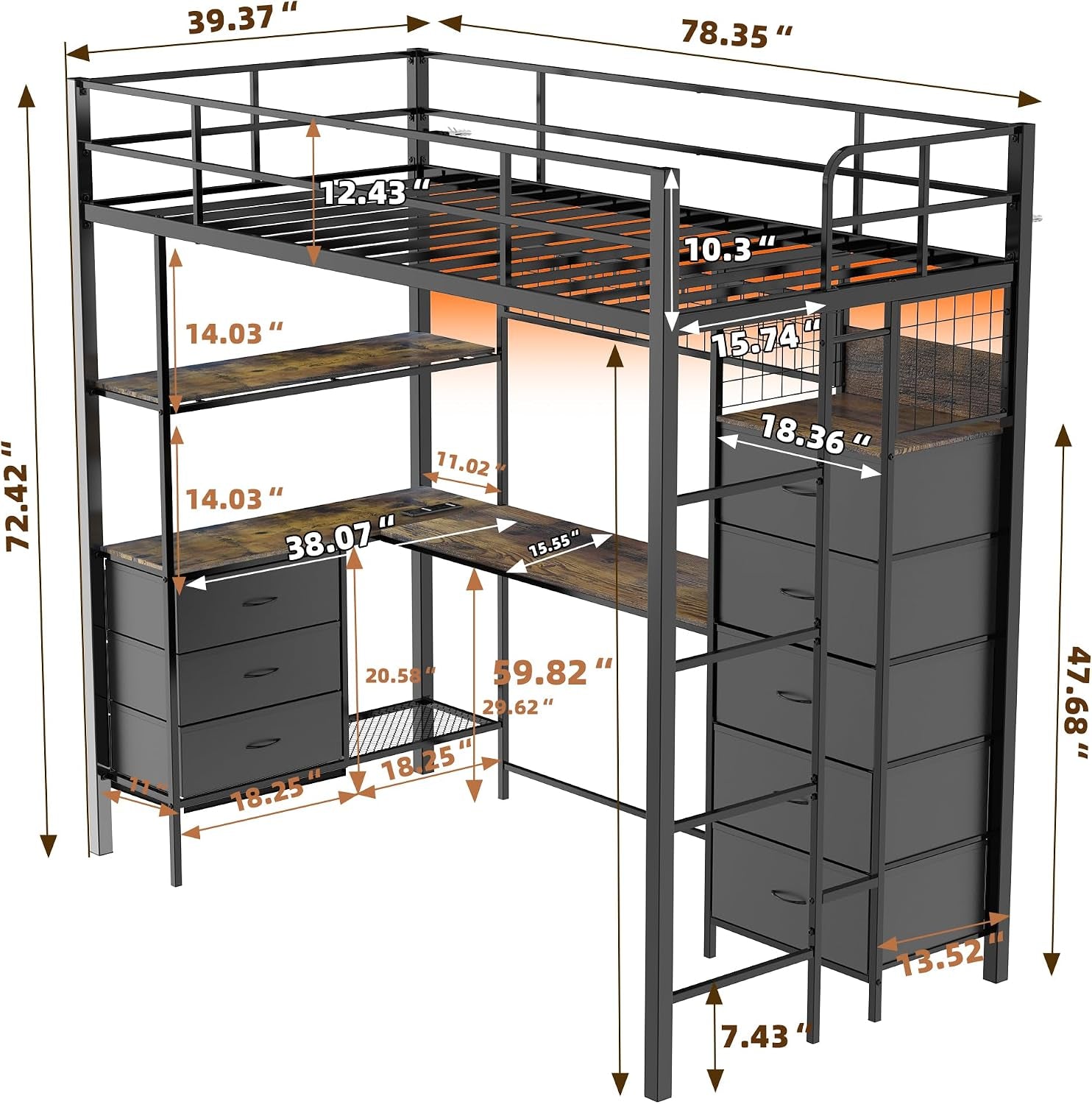 twin-size-loft-bed-with-l-shaped-desk-rgb-led-lights-power-outlet-metal-loft-bed-frame-with-8-fabric-drawers-open-shelves-hanging-hooks-gaming-for-teens-kids-bedroom-black