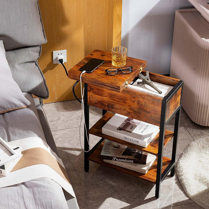 End Table with Charging Station, Flip Top Side Table with USB Ports and Outlets, Sofa Couch Table Bedside Table for Living Room Bedroom, Narrow Nightstand with Storage Shelves for Small Space6