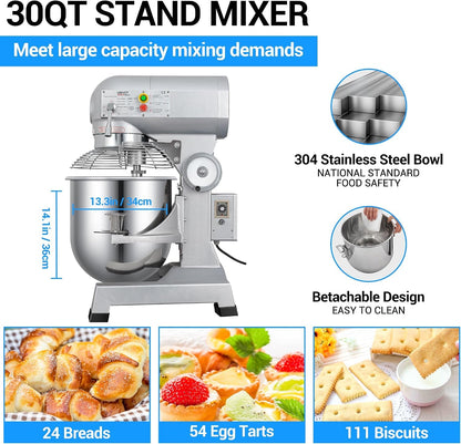 Commercial Food Mixer 30Qt with 3-Speed Adjustment, 1250W Commercial Mixer with Timer, Heavy Duty. Commercial Dough Mixer with Stainless Steel Bowl, Suitable for Bakeries and Pizzerias5