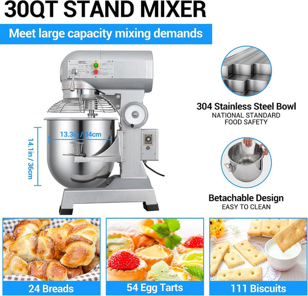 Commercial Food Mixer 30Qt with 3-Speed Adjustment, 1250W Commercial Mixer with Timer, Heavy Duty. Commercial Dough Mixer with Stainless Steel Bowl, Suitable for Bakeries and Pizzerias5
